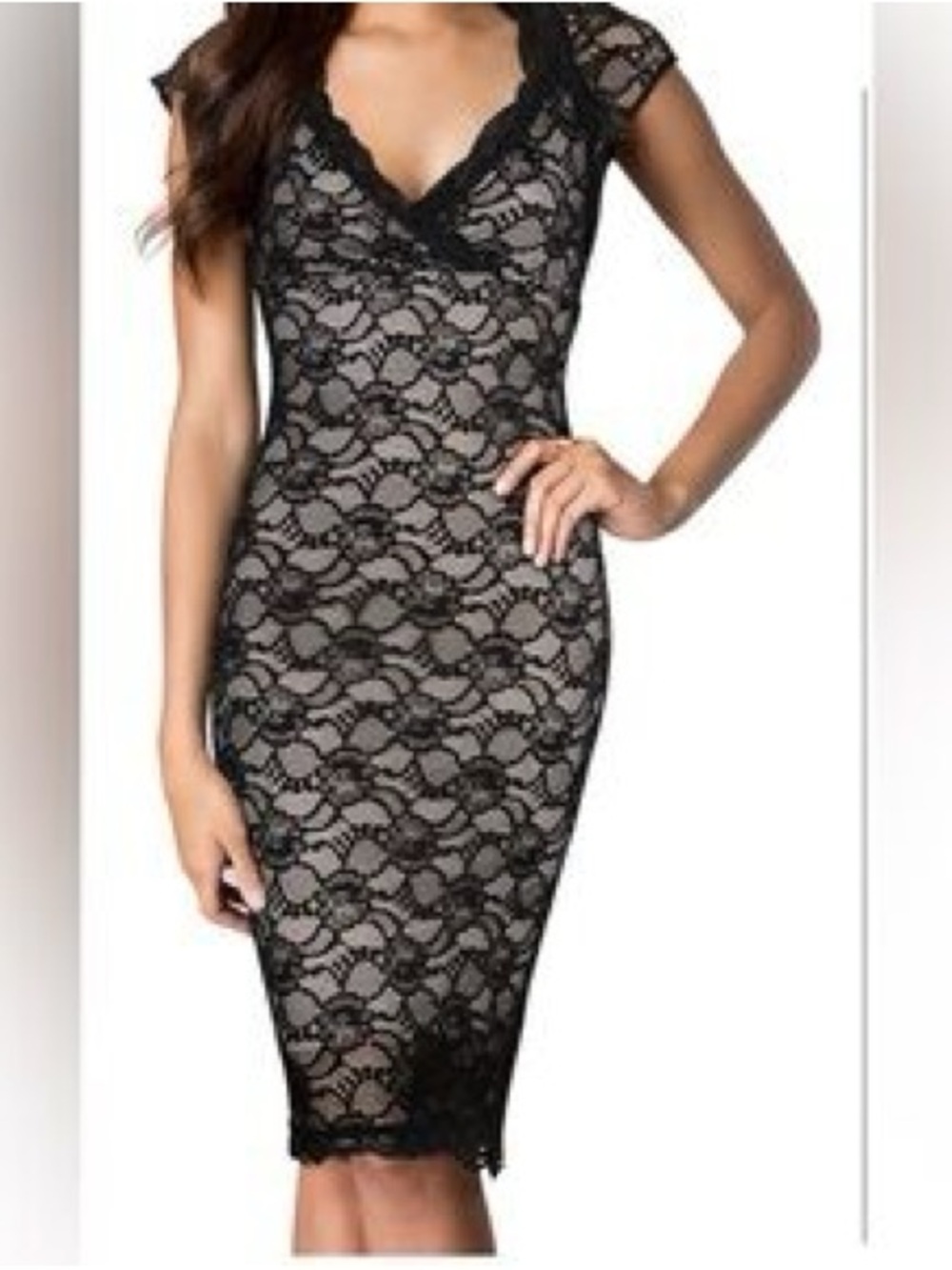Body Central Black Lace Sheath Dress with Nude Lining